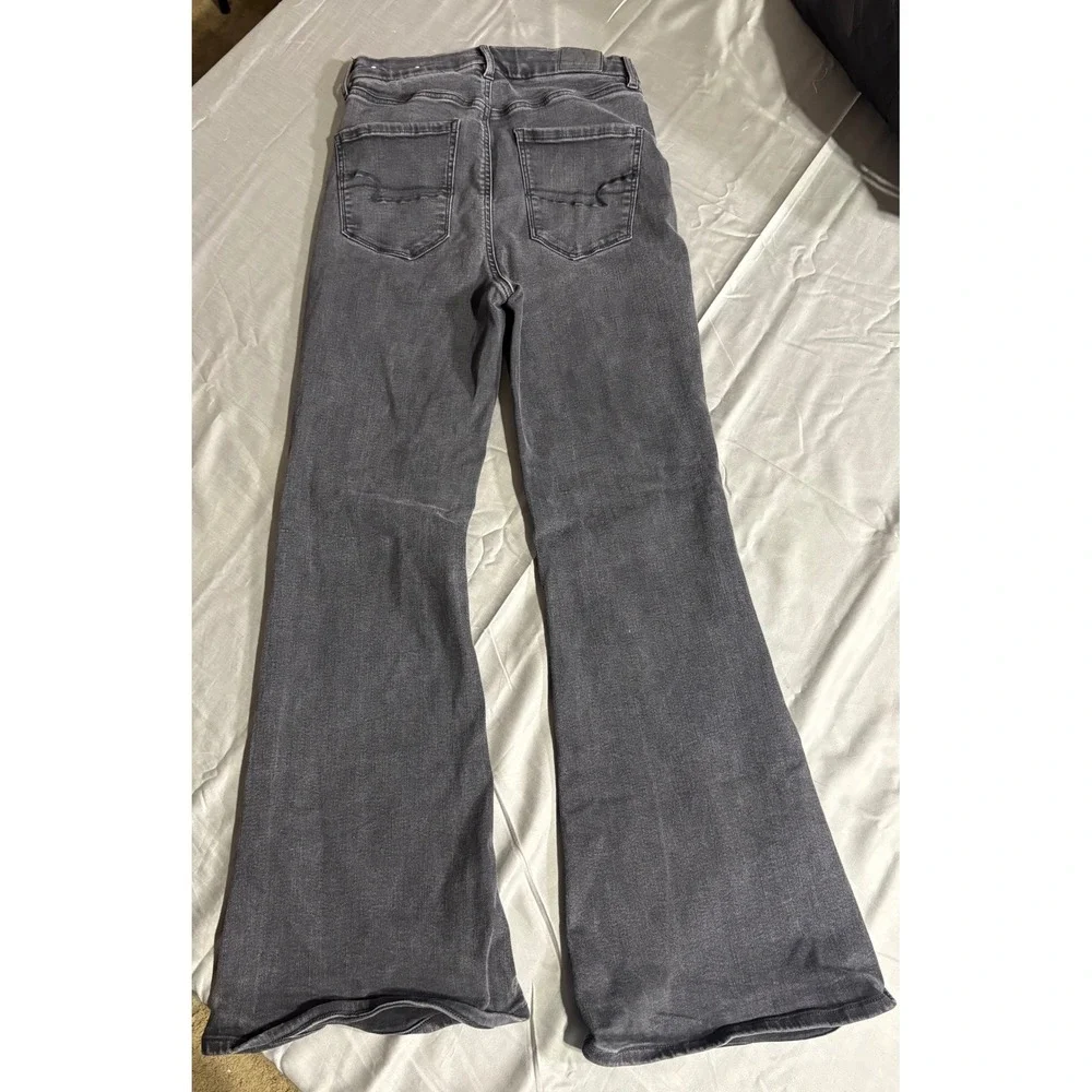 American Eagle High Waisted Button Fly Flare Jean Washed Black Gray 2857-9409-06